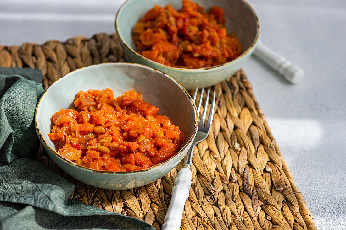 From above of vegetable stew made of potato, carrot, bell pepper, and tomatoes served in a bowl on concrete table