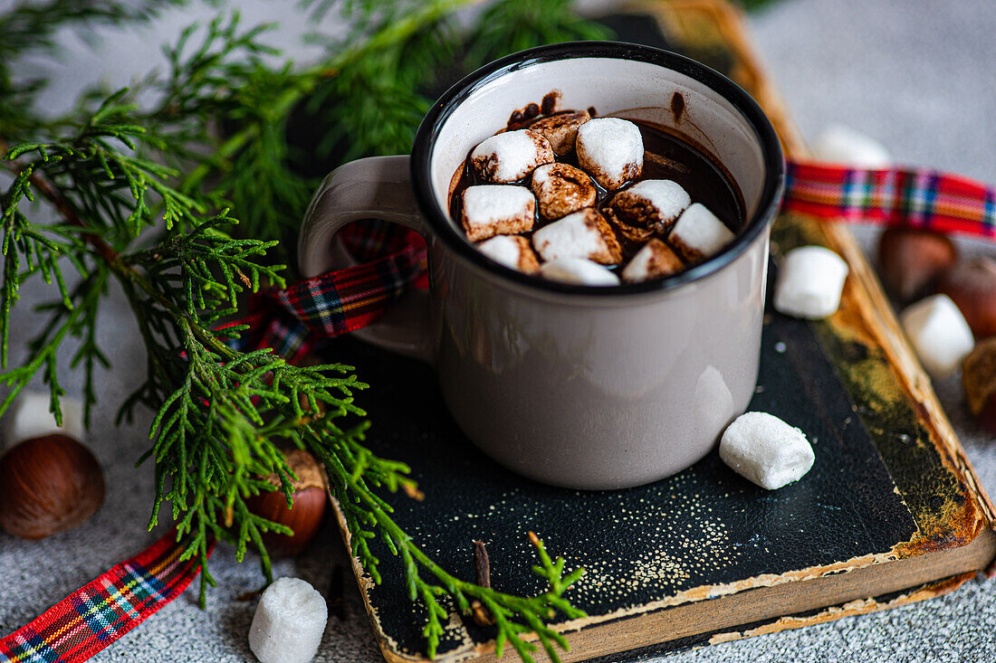 Mug of cocoa with marshmallow placed on book near fir twigs on gray background in Christmas time