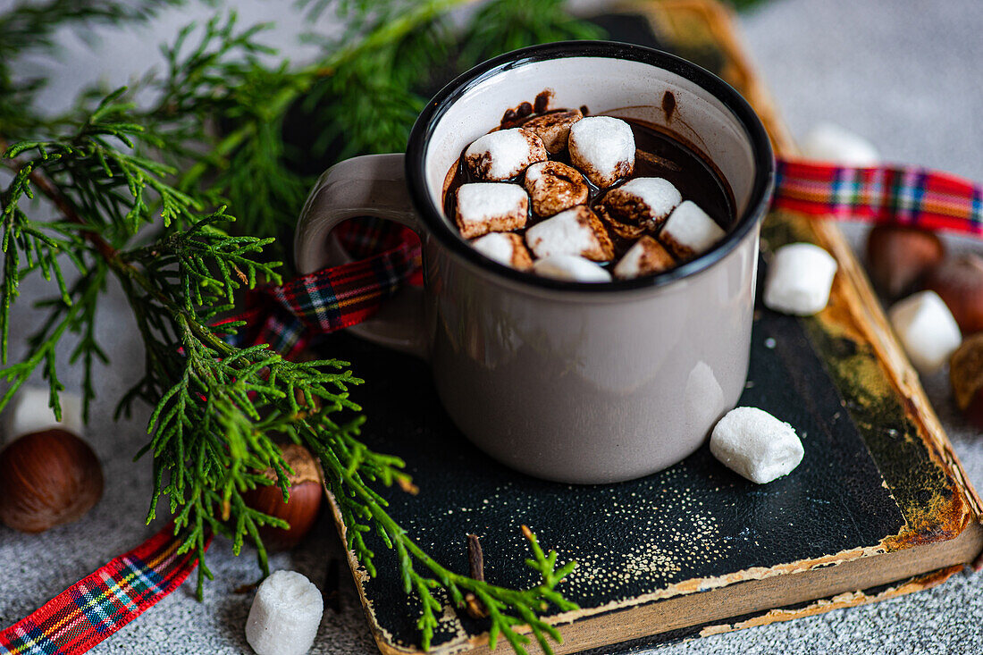 Tasse Kakao mit Marshmallow auf Buch neben Tannenzweigen auf grauem Hintergrund in der Weihnachtszeit