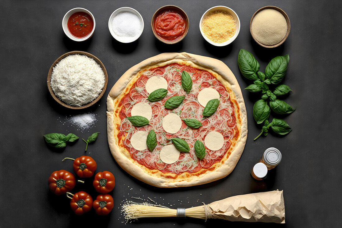 Generative AI-Illustration Draufsicht flache Lage von appetitlich hausgemachte italienische Margarita-Pizza mit Basilikum Blätter Tomaten und Gewürzen auf schwarzem Hintergrund ausgelegt
