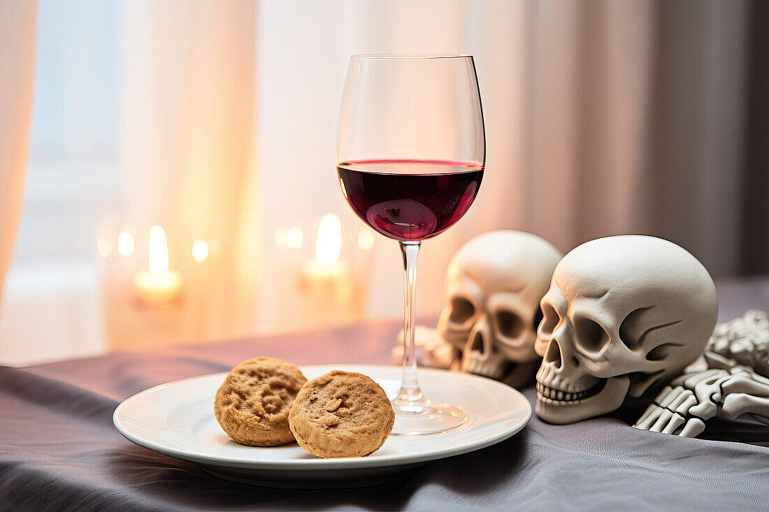 Leckerer Teller mit Keksen und einem Glas Wein für eine Halloween-Party, erstellt mit generativer KI-Technologie