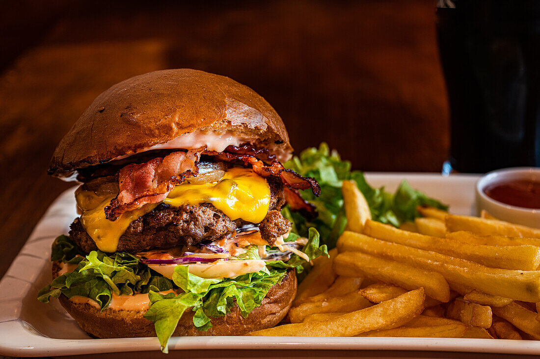 Homemade cheeseburger with cheese and vegetables served with french fries and salad