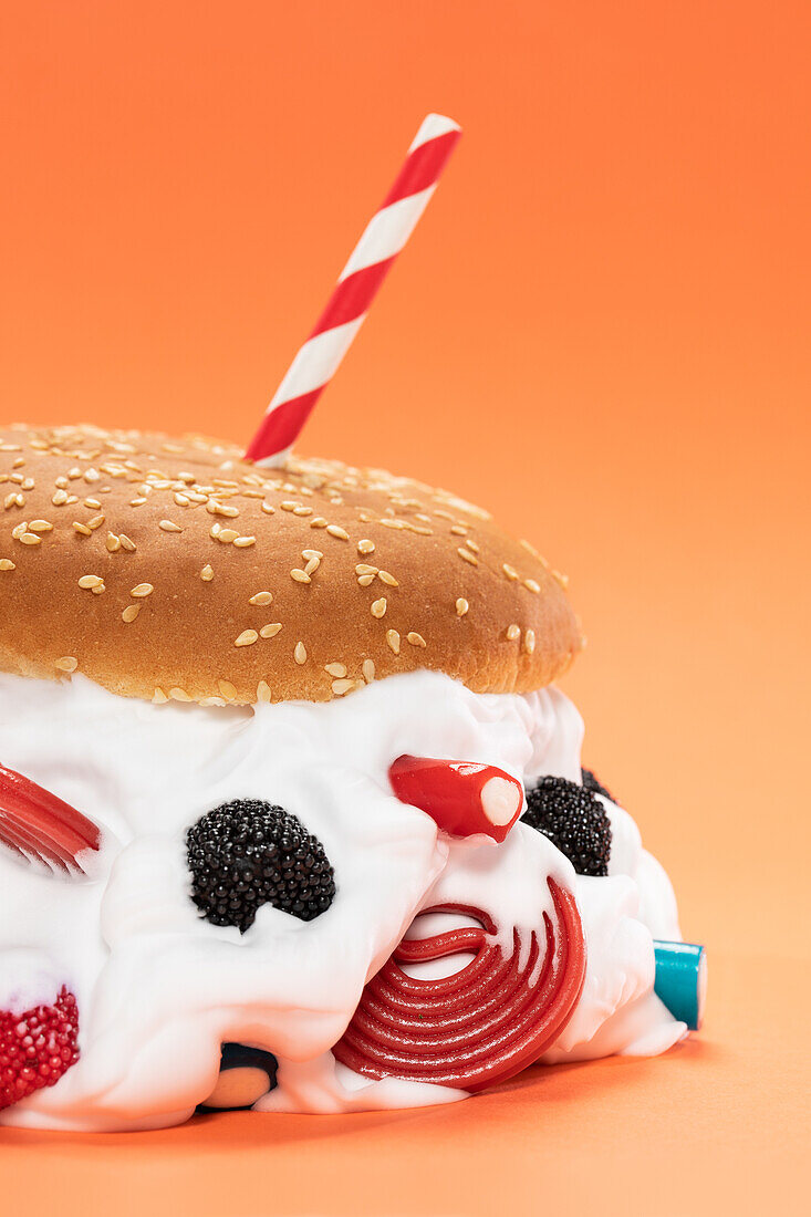 Fresh burger bun filled with sweet whipped cream and assorted jelly candies against orange background