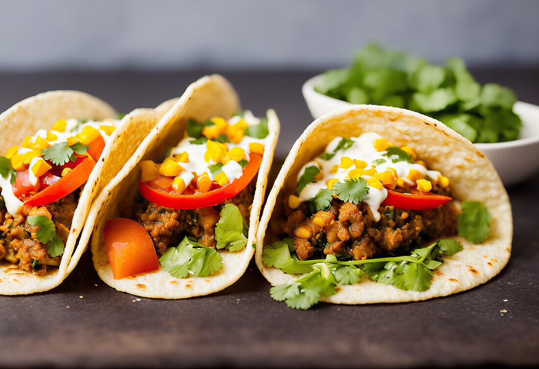 Appetizing Mexican tacos with spicy chili peppers and cilantro on plate on gray background. Generative AI