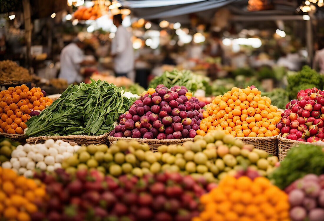 Weitwinkelansicht eines Basars mit einem Haufen frischer reifer Früchte und Gemüse mit Tomaten und Spinat an einem Stand auf einem lokalen Markt