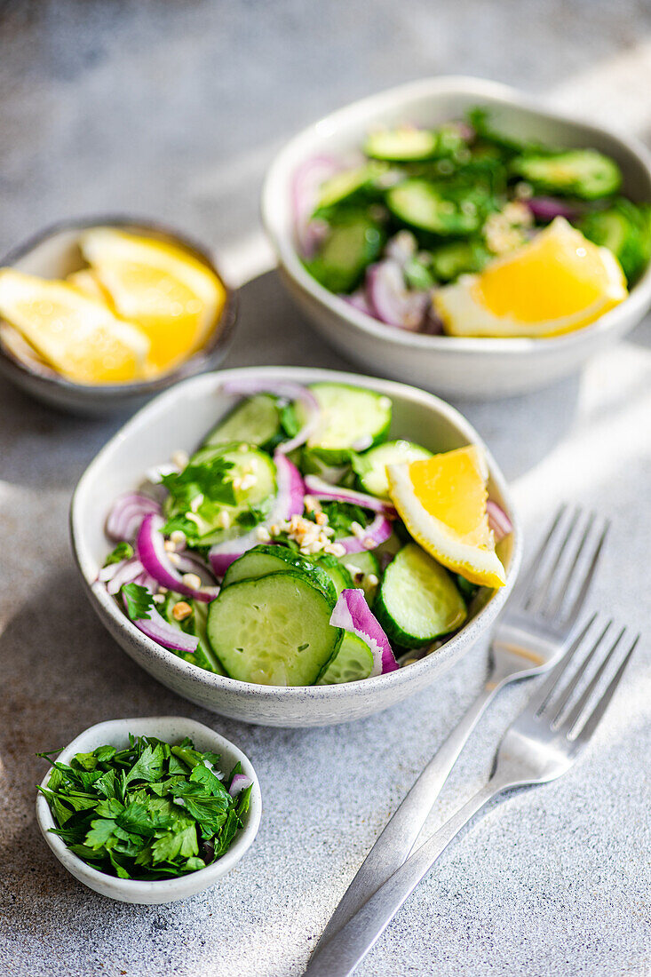 From above of healthy vegetables salads with organic cucumber, red onion, coriander and chopped nuts placed in a concrete table