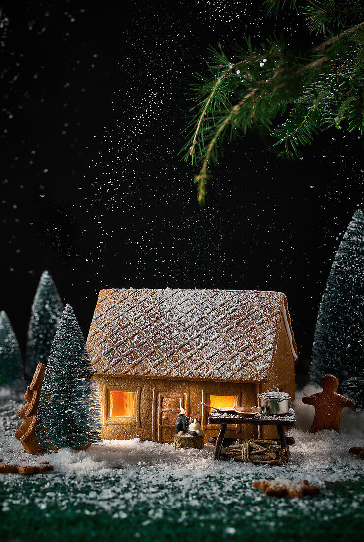 Decorating a little house made of cookies with Christmas decorations