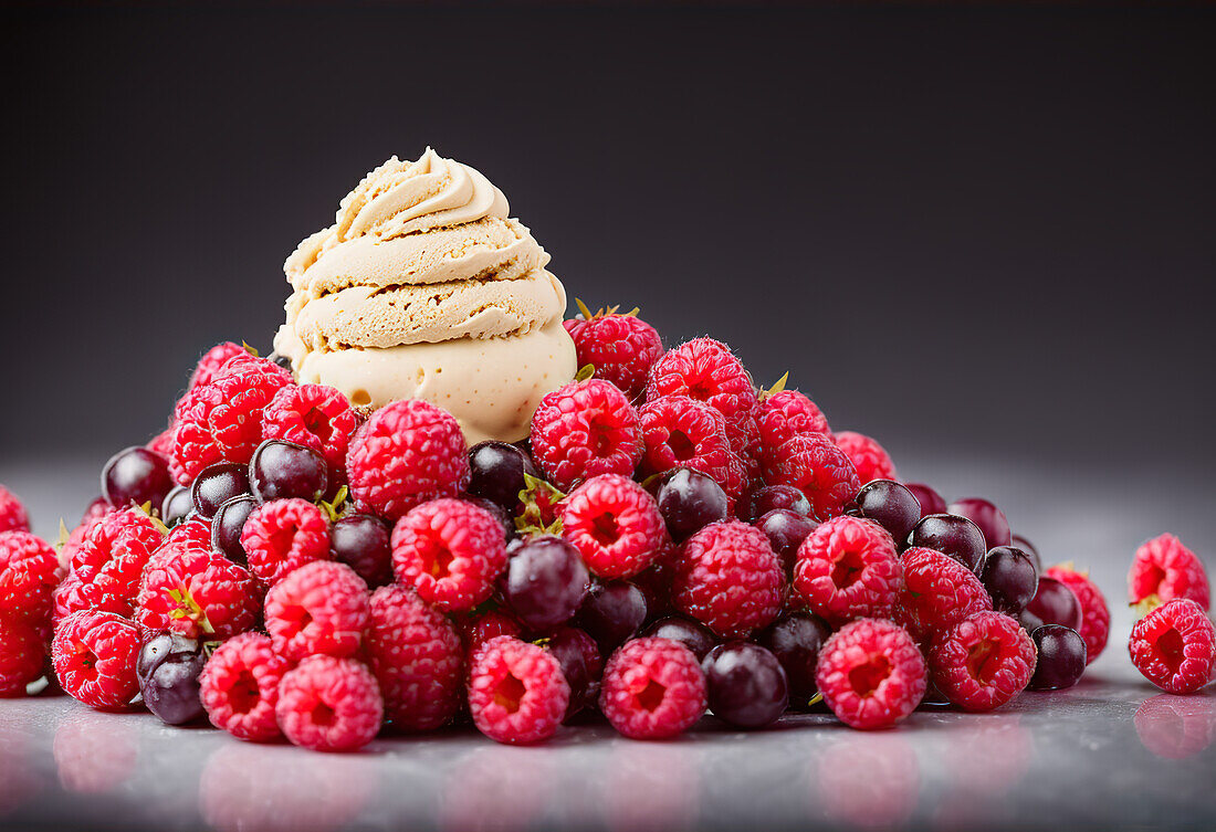 Delicious vanilla ice cream placed on heap of raspberries and cherries arranged on table