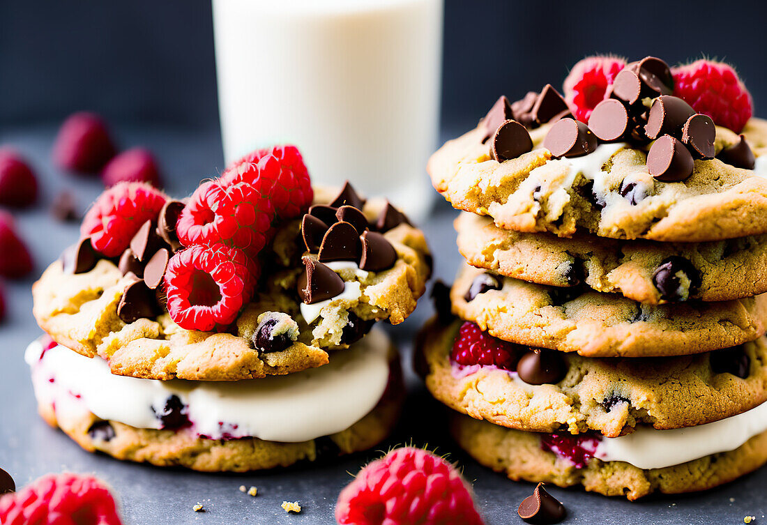 Appetizing sweet cookie sandwiches with cream and chocolate drops served with ice cream and raspberries