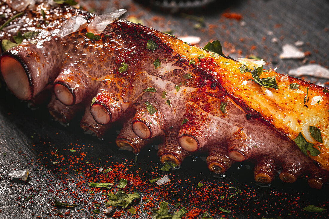 Köstliche gegrillte Tintenfischtentakel mit Gewürzen auf einem Holzbrett serviert (von oben)