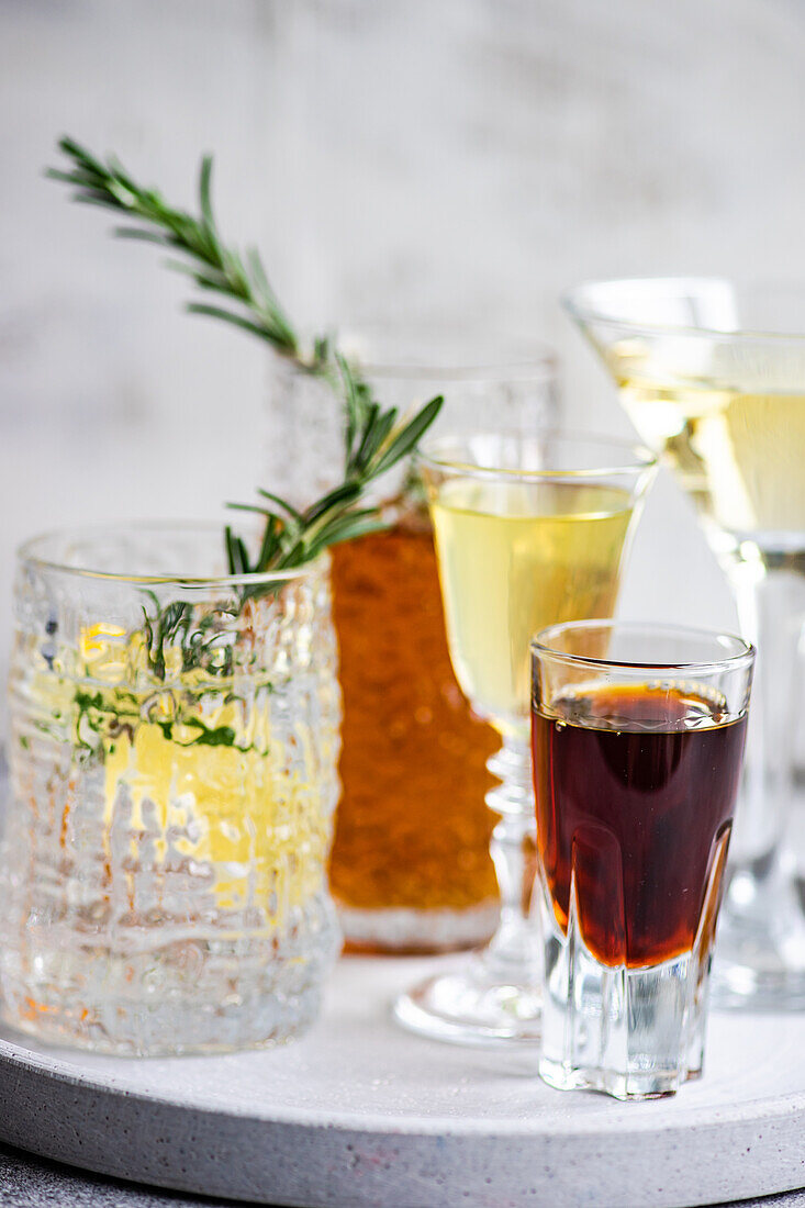 Alcoholic cocktails in the crystal glass with fresh rosemary and lemon slice