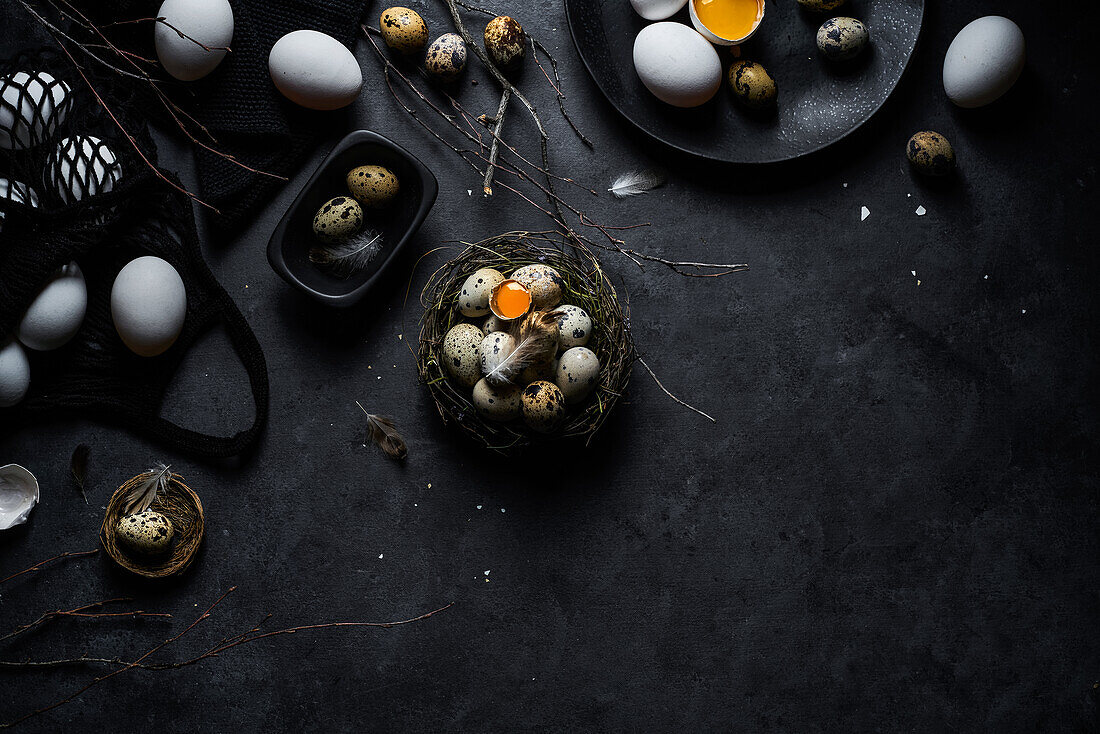 From above composition of raw chicken eggs on plates and quail eggs in nest on black background