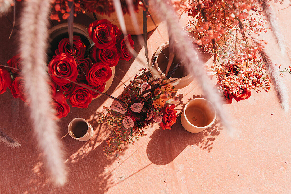 Von oben Komposition aus Tontöpfen mit blühenden Rosen, Schleierkraut und Ziergras im Sonnenlicht auf rotem Boden