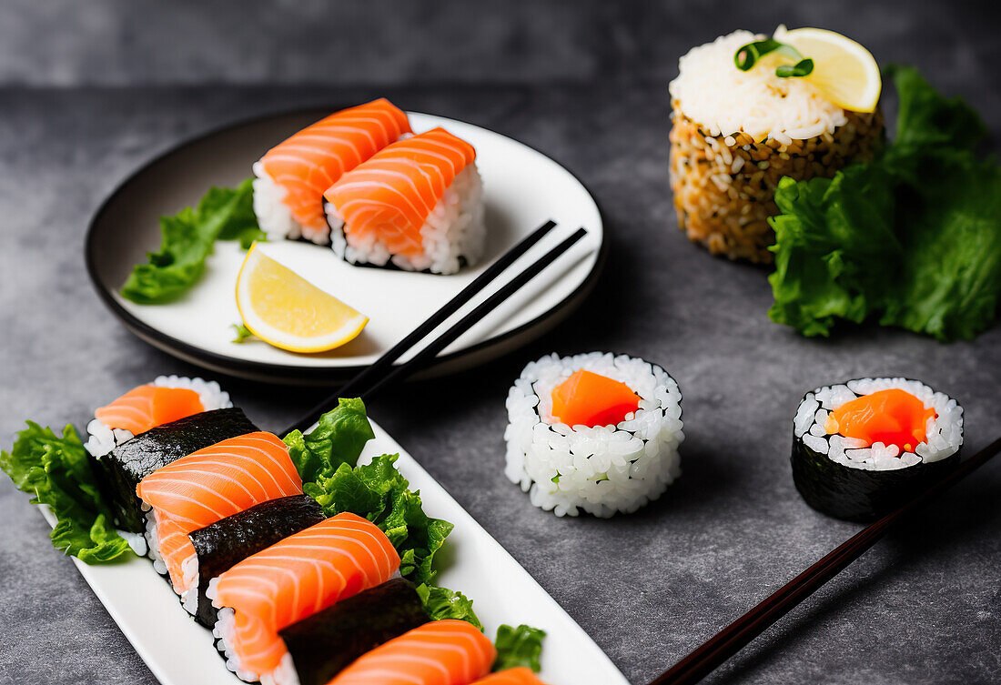 Tasty appetizing sushi rolls with salmon and rice garnished on plate with fresh salad leaves and lemon slice with chopsticks on table