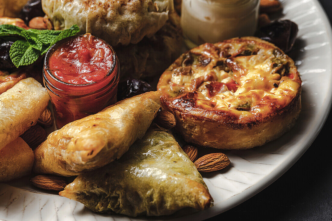 High angle of assorted tasty Arabic food with salsa and fresh mint leaves near almonds during Ramadan holidays