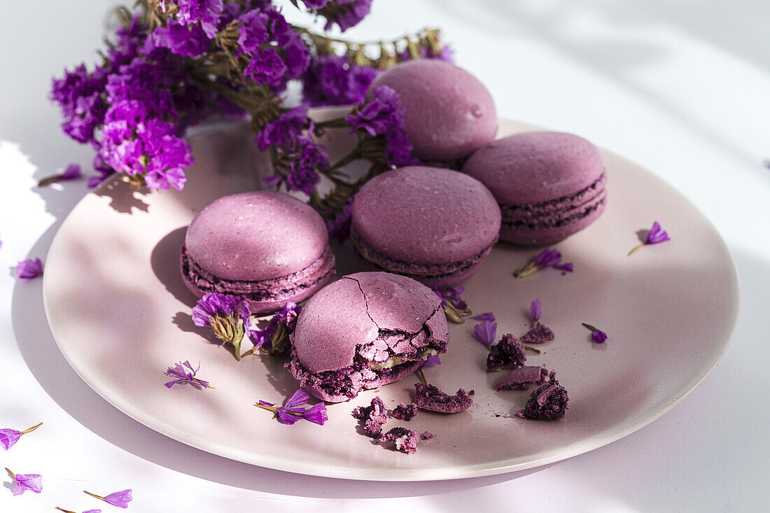 Köstliche violette Makronen auf einem Teller mit zarten Blumen auf einem Tisch im Sonnenlicht