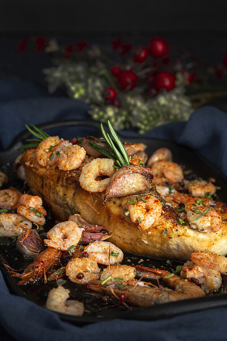 From above of black tray with appetizing baked swordfish served with prawns and confit garlic