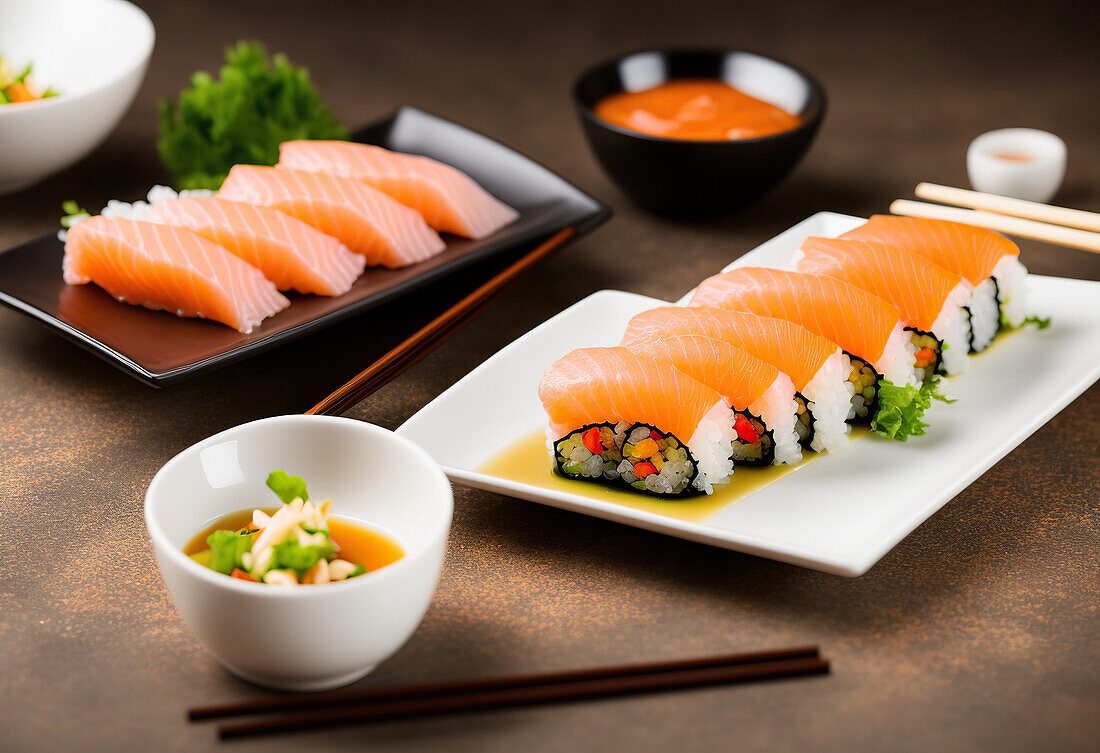 Frisches rohes Lachsfilet neben Sushi-Rollen mit Reis auf einem Teller mit Stäbchen und Salat auf dem Tisch mit Snack und Soße in Schalen serviert