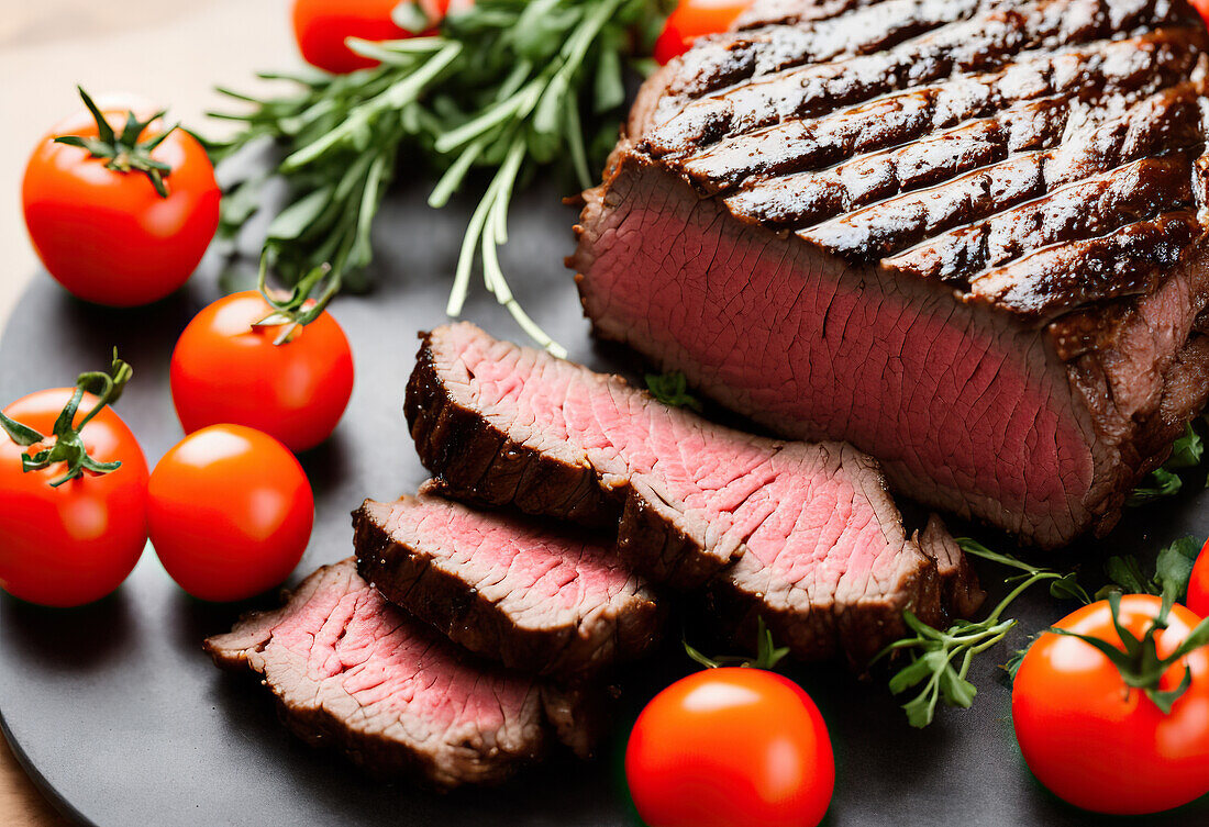 Generative AI image high angle of delicious sliced roast beef served on black plate with cherry tomatoes