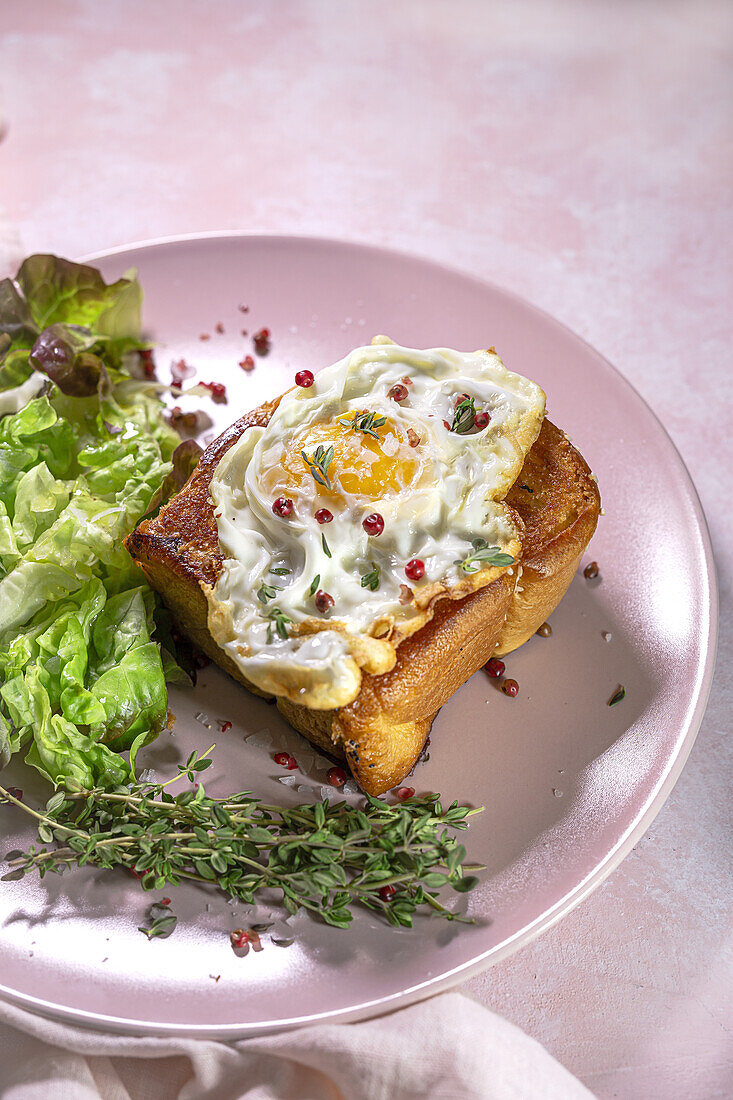 High angle of fried egg on brioche served on plate with fresh lettuce for appetizing breakfast on pink background