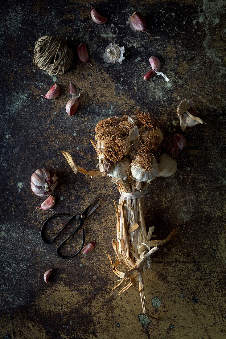 From above bouquet of fresh purple garlic cloves placed in dark background