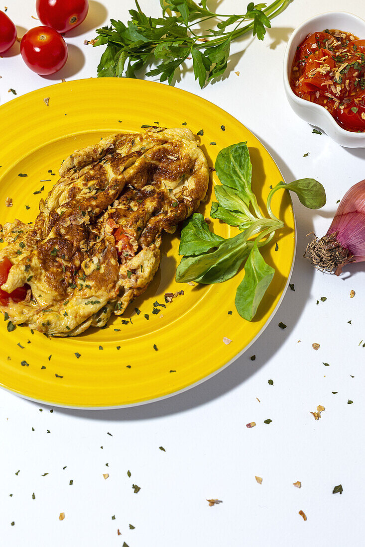 Delicious omelette with chopped parsley on plate against sun dried tomatoes and raw red onion on white background