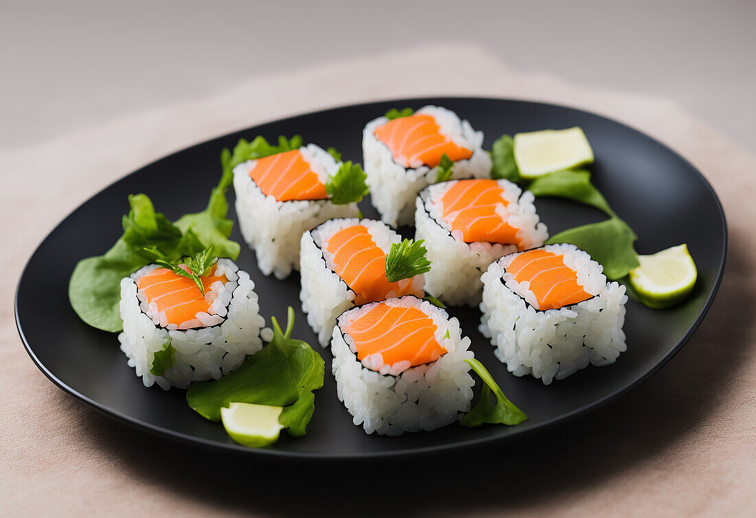 Appetitliche Sushi-Rollen mit Reis und frischem Lachs, serviert auf einem schwarzen Teller mit Limettenstücken und grünen Salatblättern