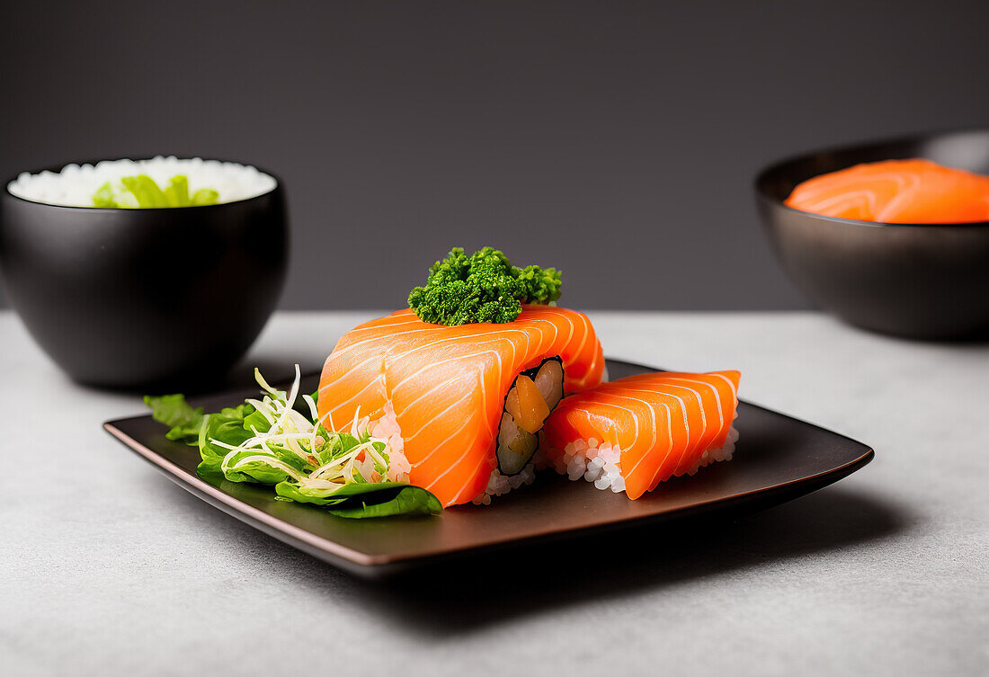 Appetitliches frisches rohes Lachsfilet auf Sushi-Rolle mit Reis serviert mit Brokkoli und Salat auf schwarzem Teller gegen Schalen
