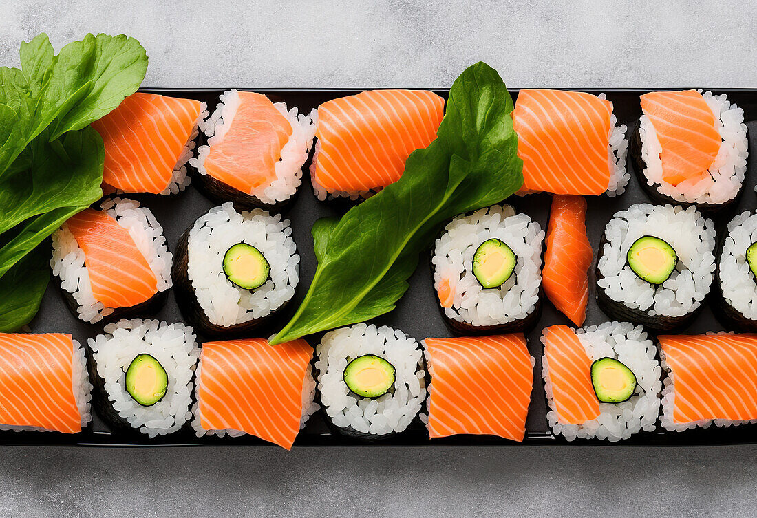 Appetizing sushi rolls with rice and salmon served on plate near leaves of salad