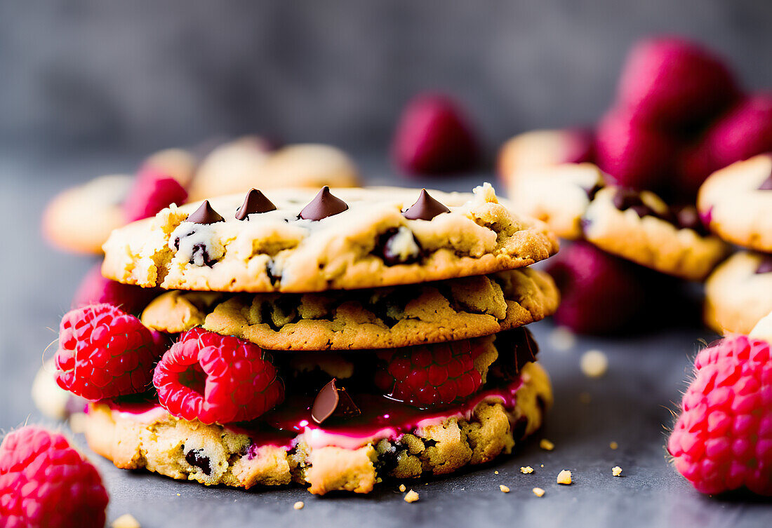 Delicious sweet yummy cookies with chocolate chips and raspberries placed on gray table