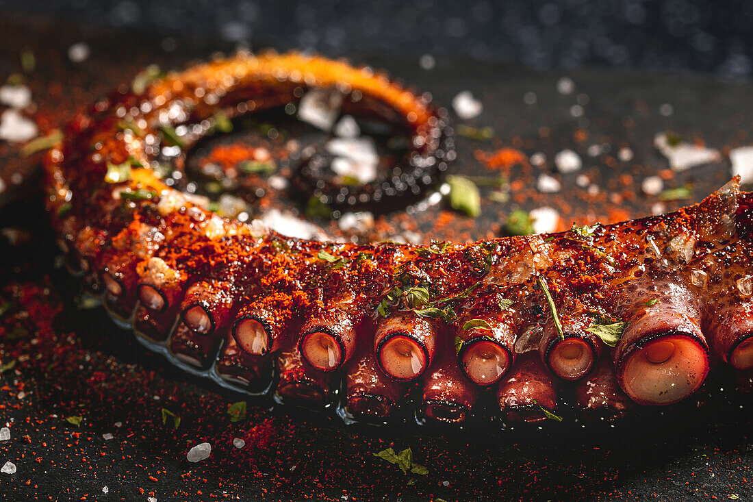 Delicious grilled octopus tentacle served with spices on wooden board