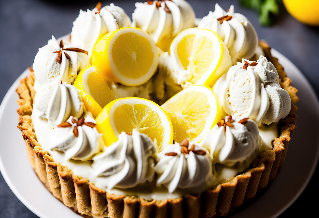 Appetizing sweet lemon cake with meringue and nuts on top served on white ceramic plate