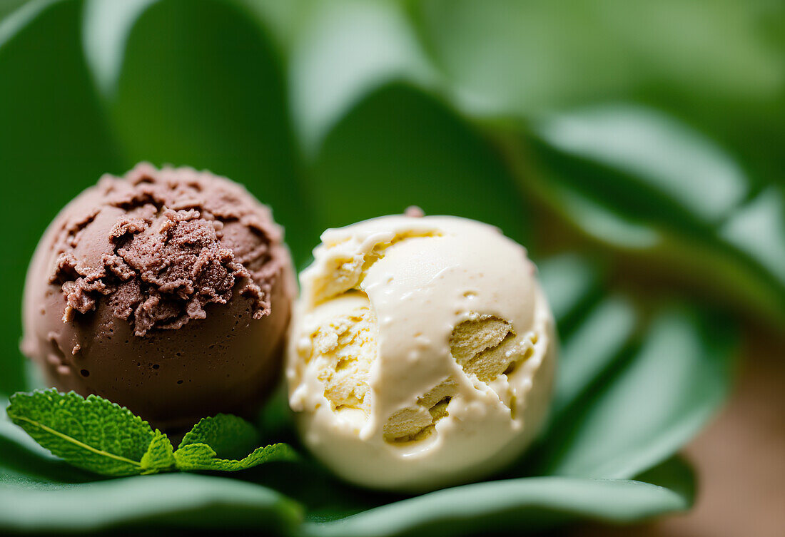 Süße Schokoladen- und Vanilleeiskugeln mit Minzblättern auf grüner, verschwommener Pflanze