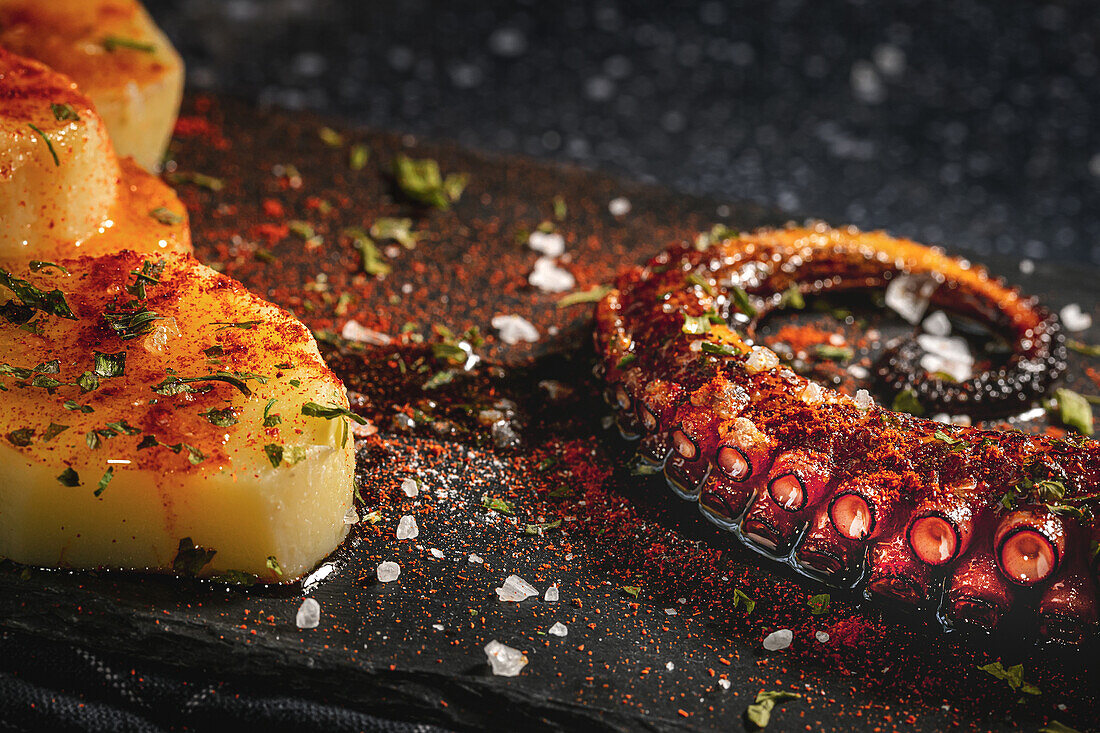 From above of fried octopus tentacle and pieces of potato served with spices on black board on table