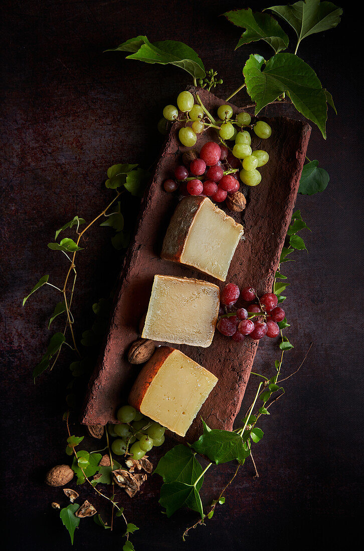 From above of assorted Parmesan cheese pieces served on flat dish with grapes and walnuts