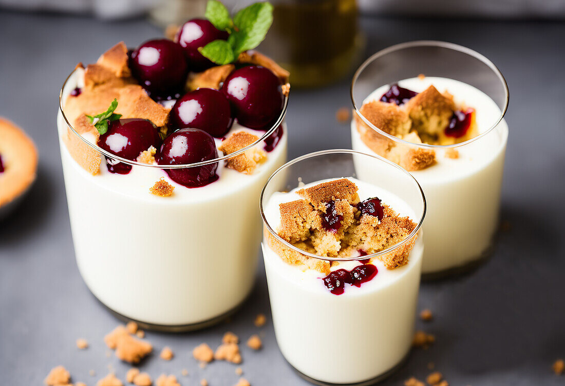 Appetizing sweet creamy dessert with cherries and crumbs served with mint leaves in plastic bowl