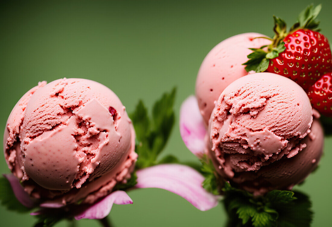 Rosa Eiskugeln mit Erdbeeren und grünen Blättern in Waffeltüten, die das Konzept einer Blume darstellen