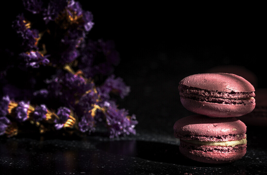 Pair of delicious sweet macaroons of purple color stacked together on sunlit table near violet flowers in morning