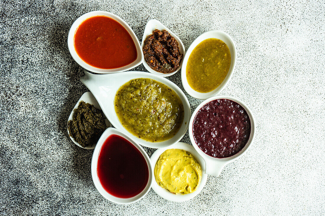Traditional georgian cooking concept with variety of spices, sauces and herbs in ceramic bowls on grey concrete background