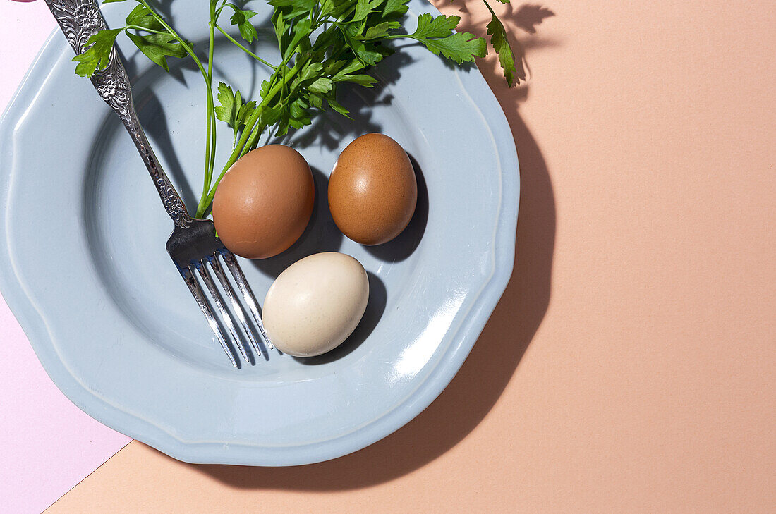 Top view of chicken eggs on plate with fork against fresh parsley sprigs on two color background