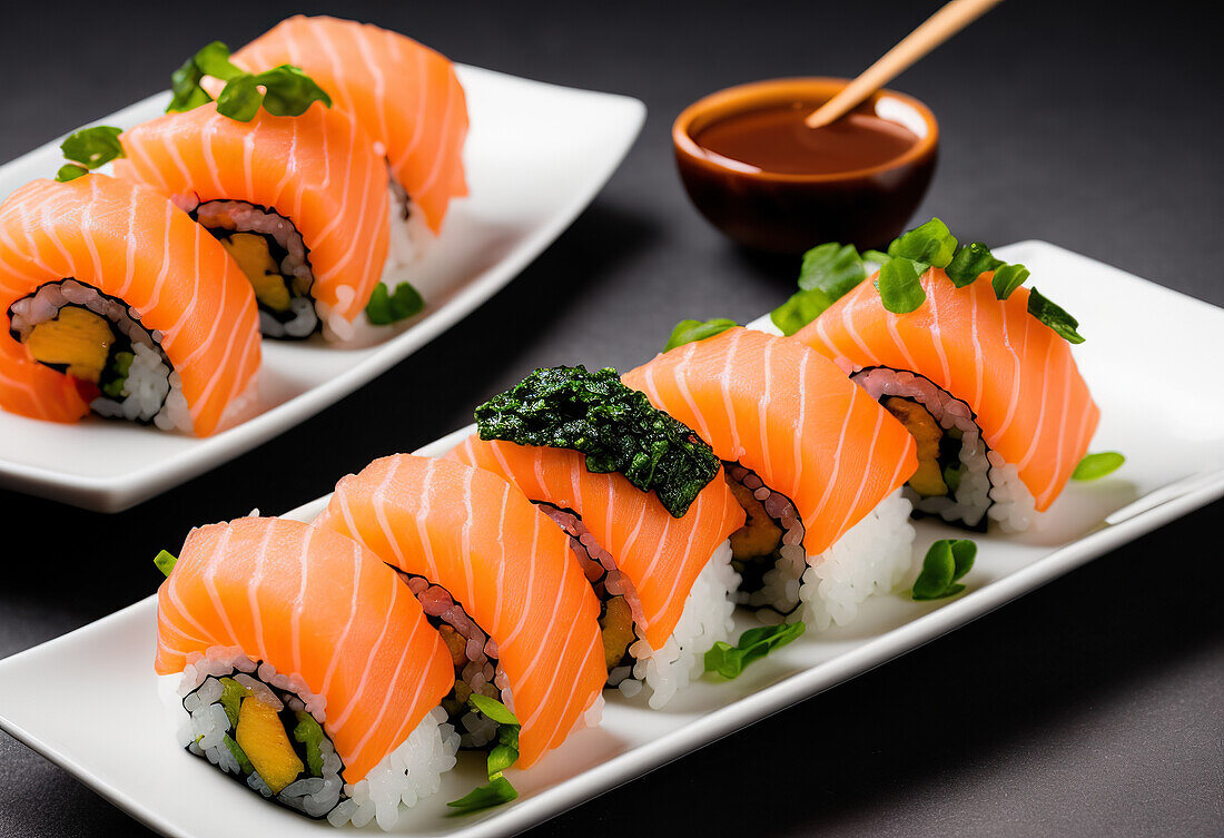 Appetizing sushi rolls with rice and salmon served on plate near bowl of sauce