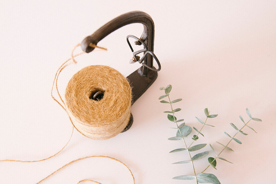 From above spool of jute twine with scissors on metal holder laced on white table near fresh green Eucalyptus leaves in light studio