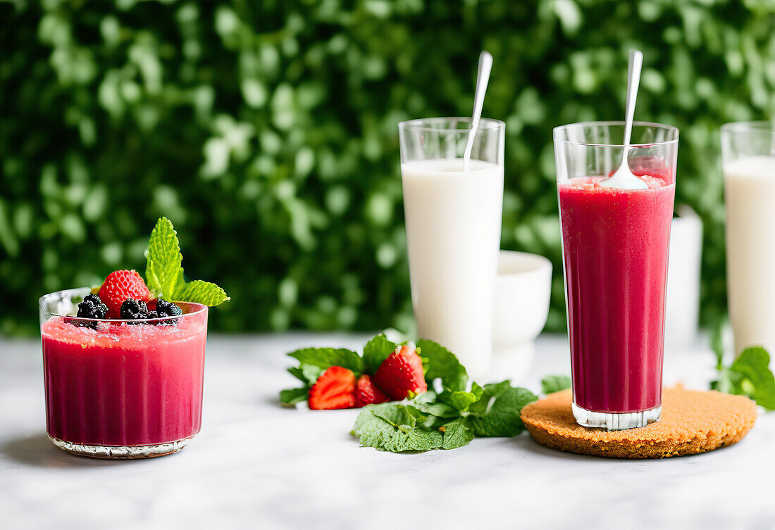 Refreshing smoothies with strawberries and blackberries served with mint leaves and spoons in glass cups against green bush