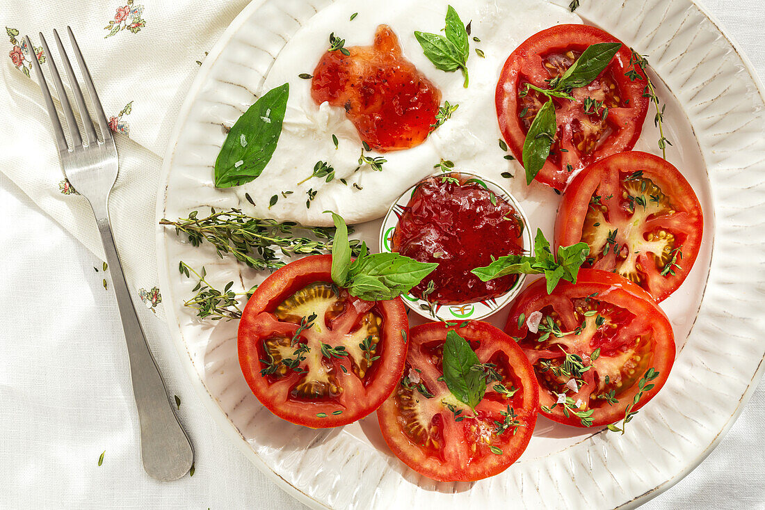 Draufsicht auf frische Tomaten- und Mozzarellascheiben mit Soße und Kräutern, serviert auf einem Teller auf einem Tisch bei Tageslicht