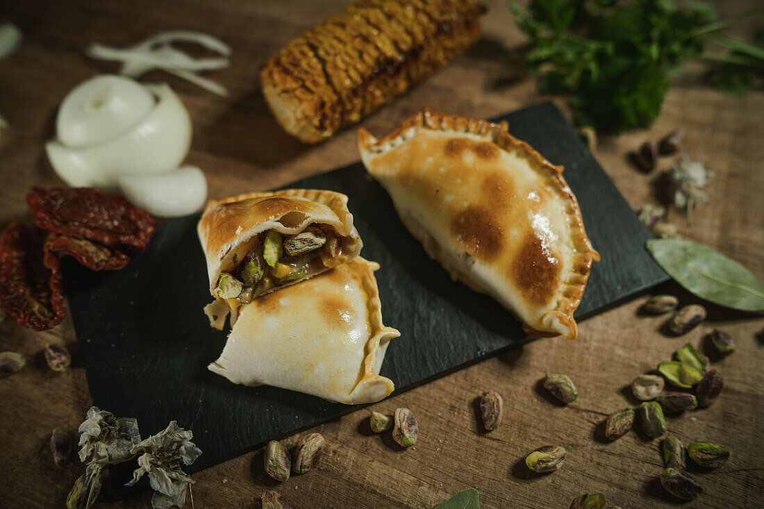 From above of appetizing argentinian empanadas served on flat plate on wooden table near ingredients in kitchen