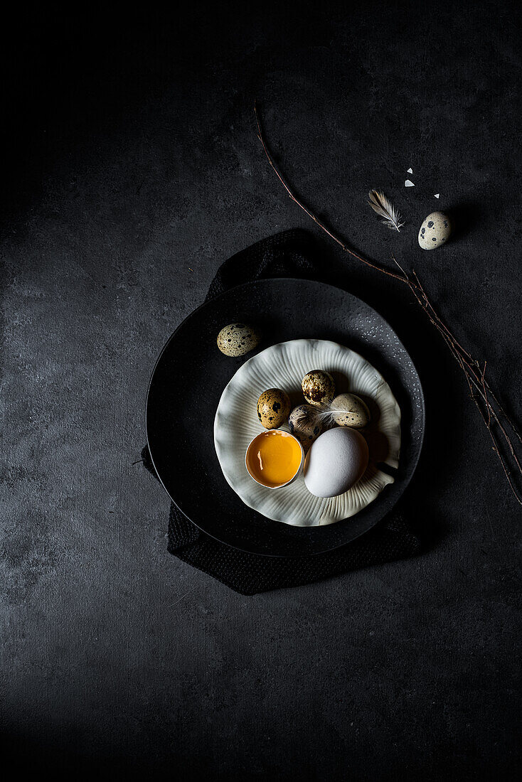 From above composition of raw chicken eggs on plates and quail eggs in nest on black background