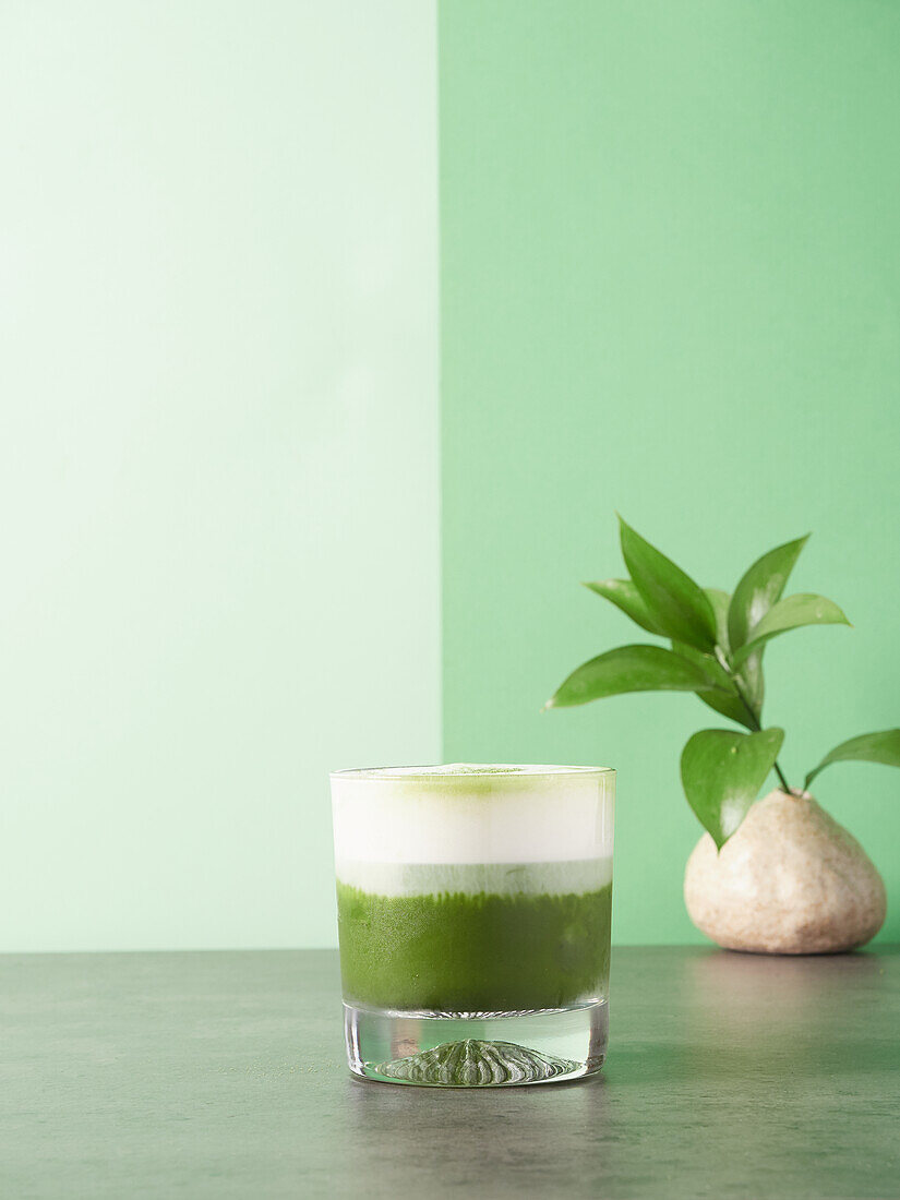 Erfrischender Matcha-Latte mit Pulver und Blume oben auf grauer Fläche neben grüner Pflanze auf grünem Hintergrund