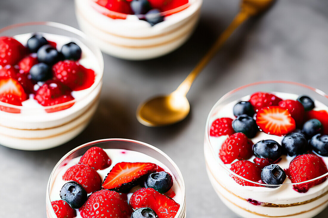 Appetizing sweet dessert with fresh strawberries and blueberries served on yogurt in bowl
