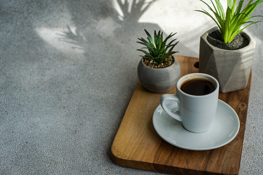 Morgens eine Tasse schwarzen Kaffee oder Espresso auf dem Steintisch mit Grünpflanzen in Betontöpfen