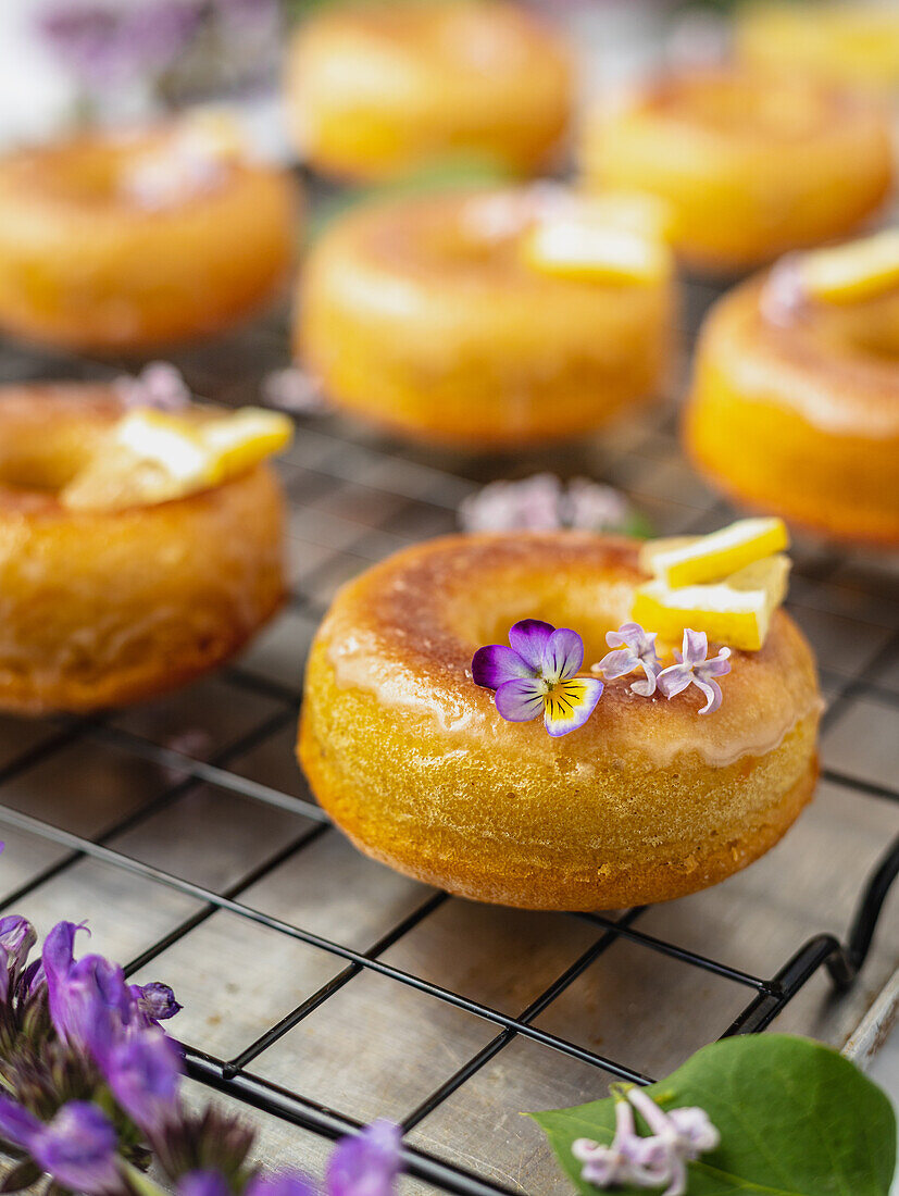 From above of tasty donuts on cooling rack with leaves between blooming lavender sprigs on marble surface